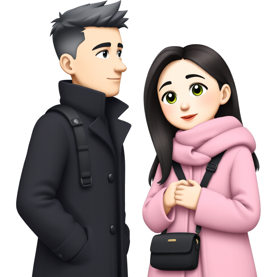 a couple in love, where the guy is tall with a short haircut, gray-green eyes, a Hess bag, in a black longcoat, and the girl has long dark hair, a pink longcoat and blue eyes