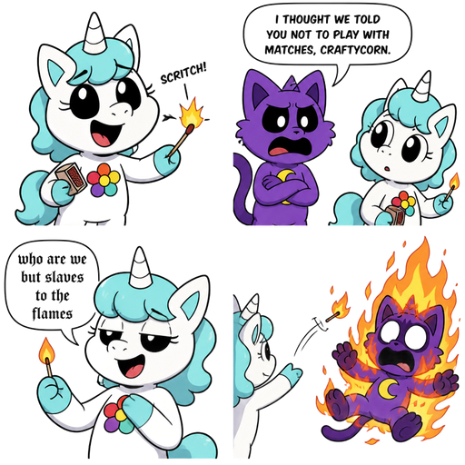 comic craftycorn strikes a match
catnap craftycorn (craftycorn turns her head)
catnap"I thought we told you not to play with matches, craftycorn" craftycorn:who are we but slaves to the flames craftycorn throws a match catnap burning
