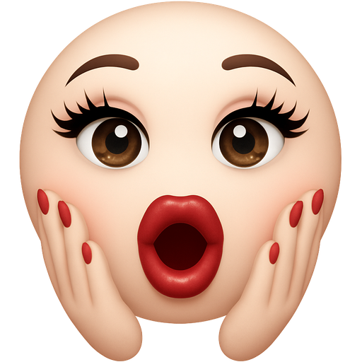 Pale emoji with small hands cupped around right side of lips and left side of lips cupped around mouth lips wide open add fake lashes, light red glossy lips, light red nails brown sparkling eyes flirty eyes