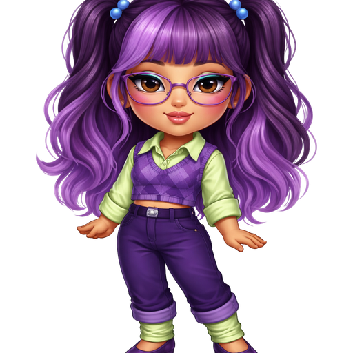 Plum Pudding with a Medium-Tan Cool Medium Beige Skin Tone with a Uni-Lip Shape with a Moonstone Eyelash Setup Completing the Look with a Guest List Lipstick Finish with a Neutral Pastel Blue Eyeshadow with a Small Eye Shape and a Base-Down Triangle Face Shape with Purple Hair and the Bangs having Light Purple Highlights with a Half up Half down Hairstyle in Two Ponytails with Blue Elastic Bubble Hair Ties Wearing Purple Rectangle Metal Glasses With Rosy Red Cheeks also Wearing a Lime Green Button-Up Long Sleeve Shirt with the Bottom of the Sleeves Rolled up With a Short Purple Sweater and A Dark Purple Diamond Checkerboard Pattern Wearing Dark Purple Pants with a Silver Button on the Side and the Bottom of it Rolled up with Long Lime Green Rolled Up Socks and Dark Purple Flats with a Mature Adult Toned Build with Luxury Glossy