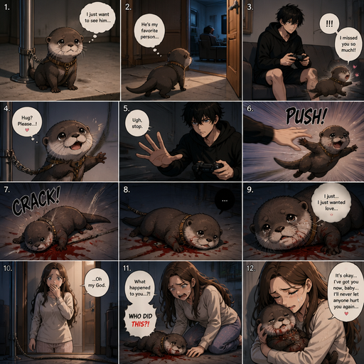 A comic book Picture by picture and shows impact of a A baby otter that is connected to a pole and went to his male Cute and Handsome wearing a Black Hoodie and Shorts owner who was playing video games on he couch in his house to go and the otter tries to hug him but the otter was pushed away flys to floor and cracks. And the otter doesn’t get up and the otter talks about how it just wants love and then the human mom comes in and looks at the otter and sees red all over his body and she comes and comforts him
