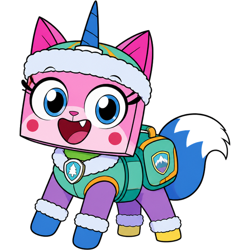 happy pink cat with blue and white tail white wrists blue hands white ankles yellow tips on spider legs green collar blue unicorn horn based on unikitty wearing everest's hat and everest's clothing with everest's backpack