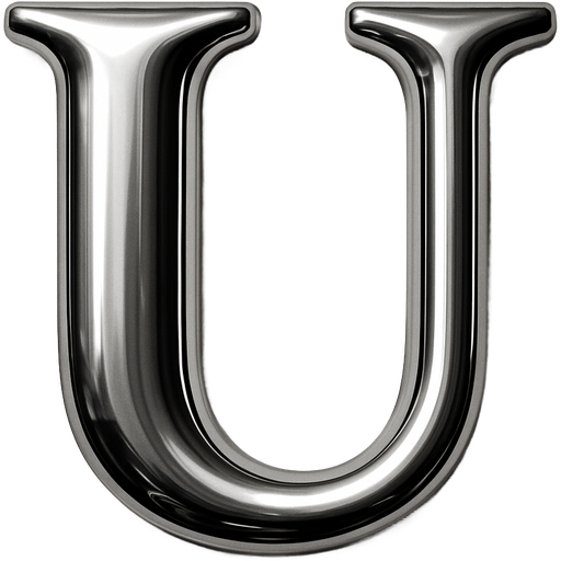 High shine chrome Capital U in serif font. Strong top left light source, medium pillow inflation, high contrast reflection, soft bevel fully rounded