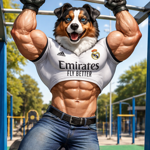 A Full Body Image of a Hunky and Chunky Australian Shepard who is a Bodybuilder who is a very Masculine and Handsome with Ginormous Arms and a Rounded and Wide Chest Short Strait Hair. Wearing a Real Madrid that is Very Short around the Waist and Jeans. Hanging on Monkey Bars