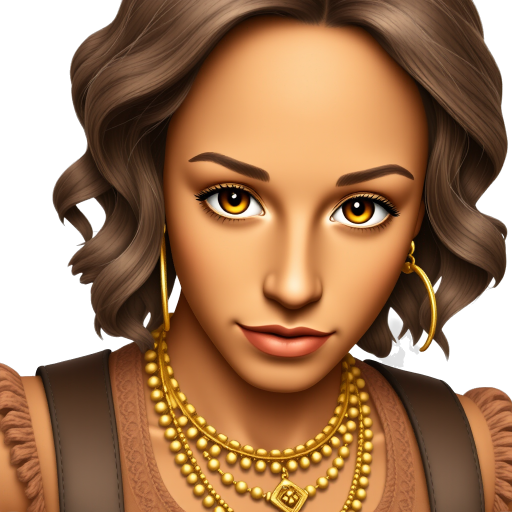 Caramel tan skin with brown wavy hair and hazel eyes with eyelashes and Stockholm style clothing and gold jewelry