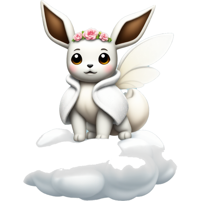 Eevee, draped in shimmering silver robes with ethereal wings, stands atop a mystical cloud. Its fur sparkles like stardust, and it wears a tiny crown of enchanted flowers. Surrounding it are swirling lights and tiny fairies, creating an enchanting aura in a magical forest filled with ancient, glowing trees.