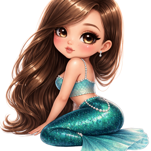chibi girl: back view sitting looking over shoulder with hair completely swept over shoulder: semi-realistic soft cartoon luxury glam, mini plush Bratz-doll aesthetic, cinematic glow, crisp clean detail, glossy glam skin. brown eyed Petite 5ft girl, fair skin with soft freckles, wide face with tall forehead, honey-brown almond wide-set upturned eyes, fluttery lashes, shimmer highlight, plush lips, bottom heavy lip, sweet Belle-princess vibe, long straight brunette hair with visible caramel highlights, side-part hair all swept to the side over shoulder softly defined feminine body, full round bust, dressed in a scale-patterned fitted top in teal and seafoam gradients, high-waisted skirt with fishtail silhouette in deep turquoise and emerald, pearl detailing along seams, ocean fantasy costume. medium length hair, not too long. full body showing. Cozy romantic glow, soft warm lighting, pop-princess energy