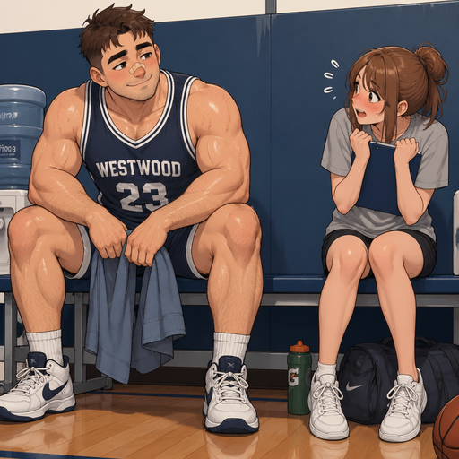 A Real life Full Body view of a Chunky Small but Muscular and more Muscle than Fat ANIME Cute Bara Man Who looks Normal and American with a round facial Structure and Basic facial structure With Puffy and Big Pecs that are visible through the shirt and Biceps and Bandaid on his nose. Wearing a Tight Basketball. Sitting on bench after practice drenched in sweat looking at hi girl crush and her blushing
