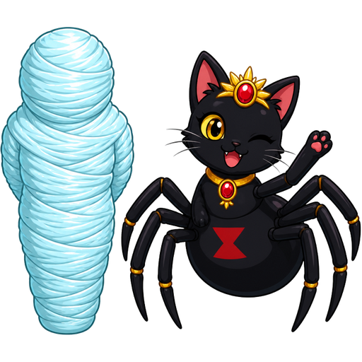 wrapped up and mummified fully covered in a #B8FFFF spider slik cocoon shaped like brother arms behind back with #B8FFFF spider slik wrappings completely covered with thick layers non-transparent #B8FFFF spider slik wrappings next to a happy male black widow spider cat drider hybrid jewelpet sunshine version