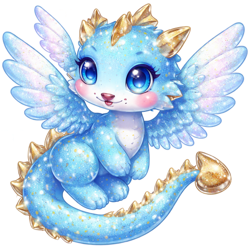 I would like a dinosaur with wings: it must be an all-blue sky female with very small yellow spots and a tail with golden thorns and blue sky eyes