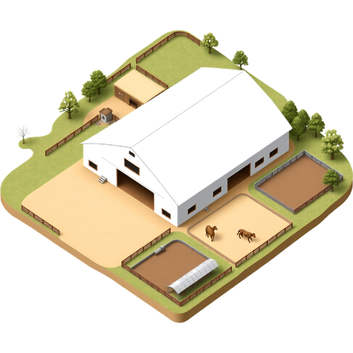 Huge white barn with small fields right next two the barn and a big sand arena next to it with a small sand round pin and then two huge fields one with horses the other with cows and a big indoor arena near the fields
