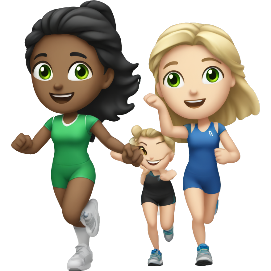 Two white girls, one with dark hair and green eyes and the other girl brunette, high-fiving in running outfit
