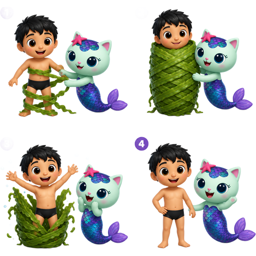 1 boy with black underwear getting wrapped up by mercat gabby dollhouse with seaweed seaweed cocoon shaped like boy 3 mercat gabby dollhouse emerges from its seaweed cocoon shaped like boy 4 mercat gabby dollhouse next to mercat gabby dollhouse