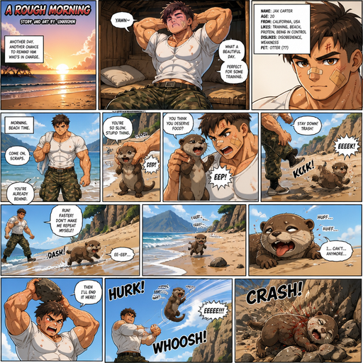 A Full page Anime Comic book story about of a Bulky ANIME Cute Bara Man American 20 year old with a ROUND and BASIC facial structure and Young Adult BARA CUTE that is Peach Toned skin not anything else MALE not to detailed With bigger than average Pecs that are visible through the shirt and Biceps and a big Bandaid on his nose and Left Cheek and Right Eye brow with Scars all over his Chest and arms. Wearing a White baggy shirt and jeans that is tight around the waist and Baggy Camo Cargo pants drenched in sweat and Short and Brown Strait Fluffy Hair and Strait with brown eyes and black eyebrows with a Three finger Slash on his Eyebrow. With no Facial Hair. Waking up in the morning at the Beach and his pet Puppy but Excessively bully’s it and the otter always runs but gets tired until the owner threw him at a rock.