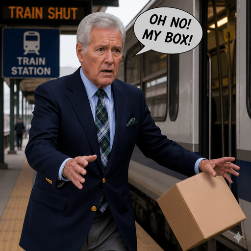 Alex trebek navy blue blazer French blue and green and white and black with tartan tie oh no my box ๐ฆ train ๐ station ๐ train shut