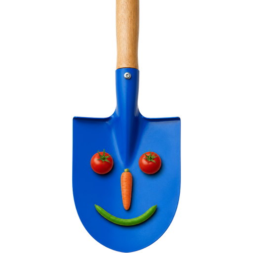 Blue garden shovel with a wooden handle Two small red tomatoes on the blue shovel blade. for eyes Small orange carrot on the blue shovel blade for nose Curved green vegetable piece on the blue shovel blade for mouth