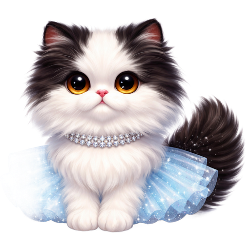 White and black long hair Persian kitten, amber eyes, with a plume like black tail, with a diamond collar and a baby blue sparkling tutu, sitting