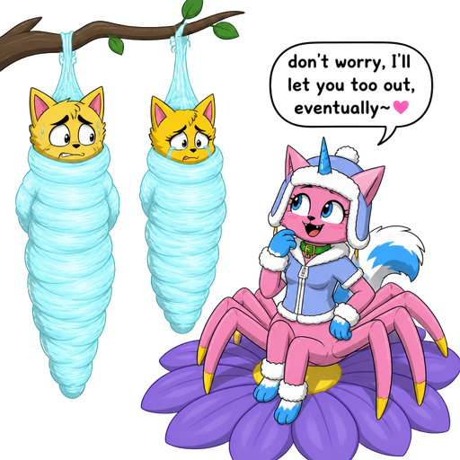wrapped up and mummified fully covered in a #B8FFFF spider slik cocoon shaped like male anthro yellow cat anthro worried with arms behind back with #B8FFFF spider slik wrappings completely covered with thick layers non-transparent #B8FFFF spider slik wrappings hanged to the branch on the left side next to wrapped up and mummified fully covered in a #B8FFFF spider slik cocoon shaped like female anthro yellow cat girl anthro whimpering arms behind back with #B8FFFF spider slik wrappings completely covered with thick layers non-transparent #B8FFFF spider slik wrappings hanged to the branch on the the right side next to happy femboy anthro furry pink cat drider with blue and white tail white wrists blue hands white ankles yellow tips on spider legs green collar blue unicorn horn based on unikitty wearing everest's hat and clothing sitting on a purple flower don't worry, I'll let you too out, eventually~