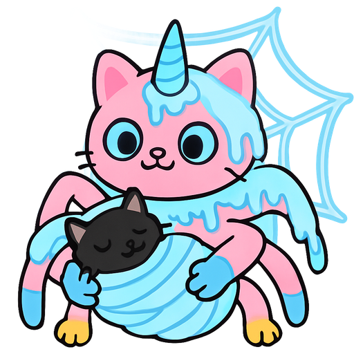 pink cat spider hybrid with blue horn green neck blue eyes blue hands yellow feet holding #B8FFFF slikworm cocooned pod black cat happy sleeping covered with #B8FFFF huge coating of #B8FFFF slik and huge #B8FFFF slik wrappings and huge #B8FFFF webbing wrappings #B8FFFF