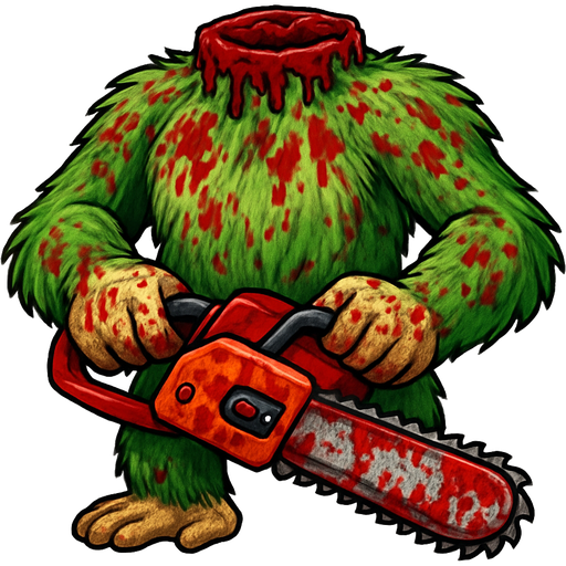 green monkey furry without head covered with fake blood holding a chainsaw covered with fake blood sonic x style