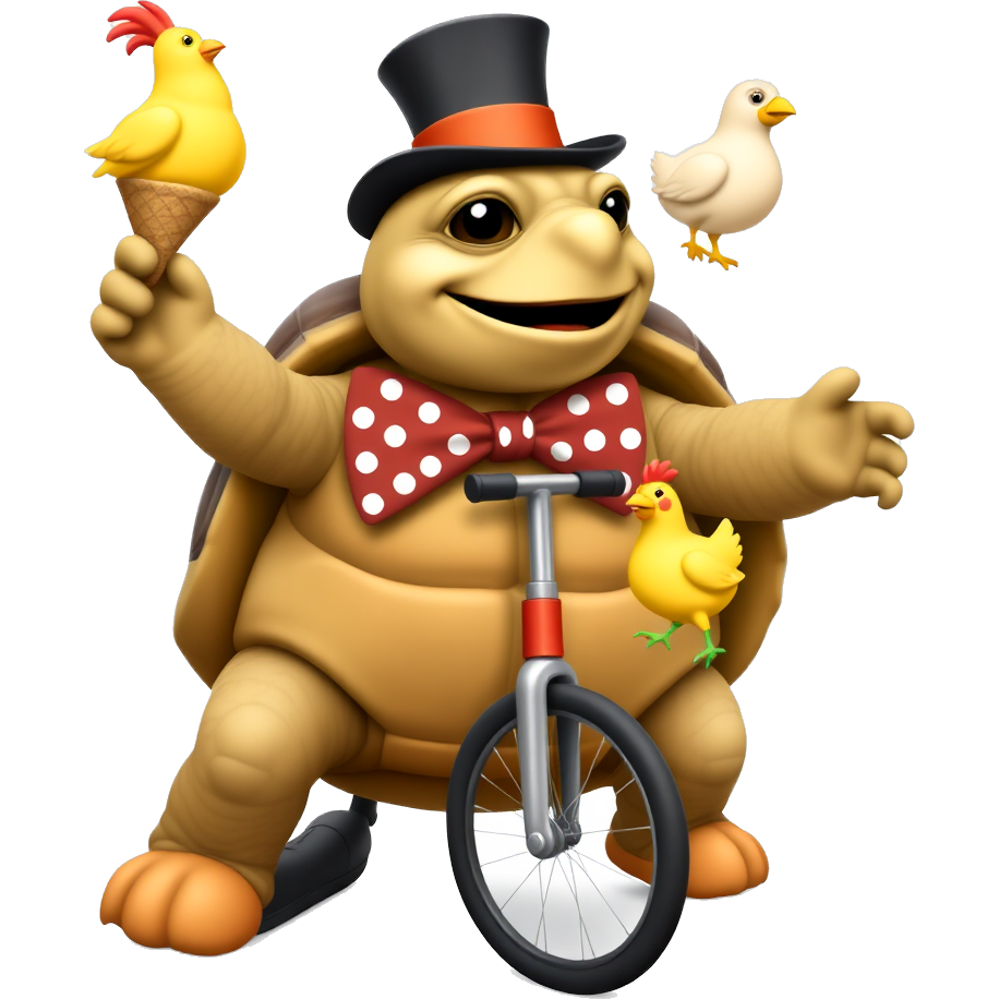 Imagine a tortoise wearing oversized clown shoes, a vibrant polka-dot bowtie, and a tiny top hat. It balances a goofy ice cream cone on its shell while attempting to juggle colorful rubber chickens, all while riding a unicycle with a big, silly grin on its face! ๐ฉ๐ฆ๐ข๐ช๐