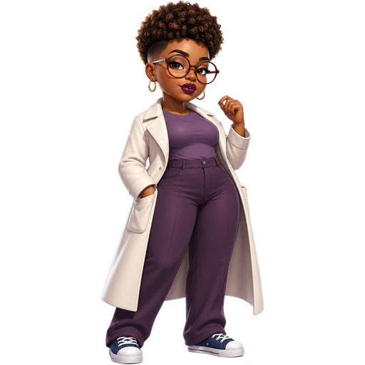 Plum Puddin’ With a Dark-Deep Neutral Walnut and a Glamour Lip Shape with a Plum Orchid Lipstick And a Cinnamon Eyeshadow with a Soft Ached Eyebrow with a Close-Set Eye Shape and a Round Face Shape with a Brown Afro-Textured Curly Tapered Faded Hairstyle Wearing Oversized Brown Circular Glasses with Light Brown Eyes Wearing a Purple T-Shirt and a Long White Trench Coat Over it With a Pocket on each Side Wearing Dark Purple Pants and Blue Sneakers With White at the Tip of the Shoes and white at the Very Bottom of them with White Laces and a Luminous Glazed Complexion with a 3D Naturalistic Animation and Mature Adult Curvy Toned Build with a Luxury Glossy and a Refined Pristine Set Up With a Theatrical Appearance