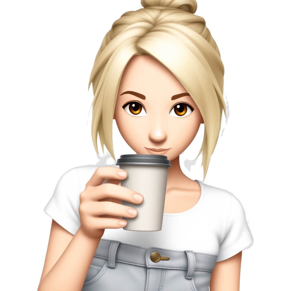 Blonde hair with brown eyes she has a oval shaped face with a a slim nose and tiny lips. She is wearing Baggy jeans and a white cropped shirt her hair is in a messy bun with some hairs sticking out. She is holding a cup of coffe