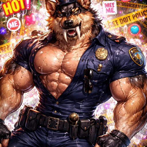 Very Hot and Attractive and Extremely Muscular animal that is a Sabertooth mixed with a German Shepard with Ginormous Biceps and Pecs Bara furry Policeman. Dripping with Sweat