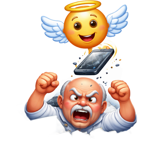 An older bald man stuck in a pile of computer parts and broken phones. He looks angry! Above him is a smiling emoticon angel, with wings, dropping a phone onto the old man