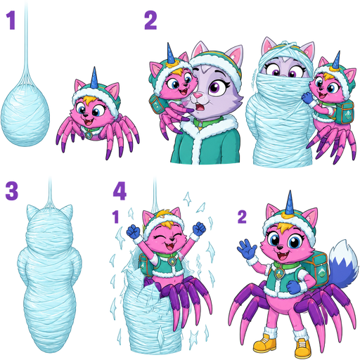 life cycle of happy pink cat anthro furry boy drider with yellow hair blue and white tail white wrists blue hands purple spider legs white socks yellow boots green collar blue unicorn horn based on unikitty wearing everest's hat and everest's clothing with everest's backpack metamorphosis transformation 1st stage #B8FFFF spider eggsac 2nd stage pink spider cat hybrid next to 1 pink spider cat hybrid latching on a female cat anthro's face and 2 wrapping around female cat anthro whole body and head with #B8FFFF silk webbing 3rd stage cocoon wrapped up and mummified fully covered in a #B8FFFF spider slik cocoon shaped like anthro female cat anthro arms behind back with #B8FFFF spider slik wrappings completely covered with thick layers non-transparent #B8FFFF spider slik wrappings hanging on #B8FFFF slik wrappings 4th stage adult 1 happy pink cat anthro furry boy drider with yellow hair blue and white tail white wrists blue hands purple spider legs white socks yellow boots green collar blue unicorn horn based on unikitty wearing everest's hat and everest's clothing with everest's backpack emerges from its wrapped up and mummified fully covered in a #B8FFFF spider slik cocoon shaped like anthro female cat anthro arms behind back with #B8FFFF spider slik wrappings completely covered with thick layers non-transparent #B8FFFF spider slik wrappings hanging on #B8FFFF slik wrappings 2 happy pink cat anthro furry boy drider with yellow hair blue and white tail white wrists blue hands purple spider legs white socks yellow boots green collar blue unicorn horn based on unikitty wearing everest's hat and everest's clothing with everest's backpack
