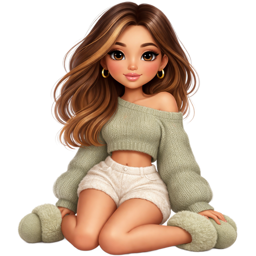 warm brown hair caramel highlights, cropped asymmetrical sweater in muted sage green knit, plush mini shorts in soft cream, fuzzy slippers in pale moss tones