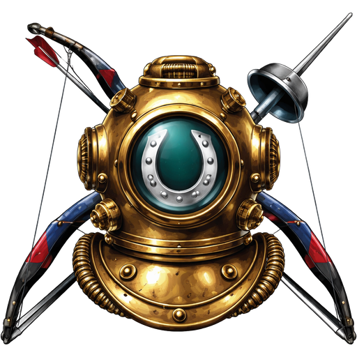 Create a logo with a diver’s helmet as the main item, where in the visor of the helmet is not grids but a horse shoe. Behind the diver’s helmet is a cross created by an olympic style recurve bow and an olympic style fencing epee sword with a pistol grip