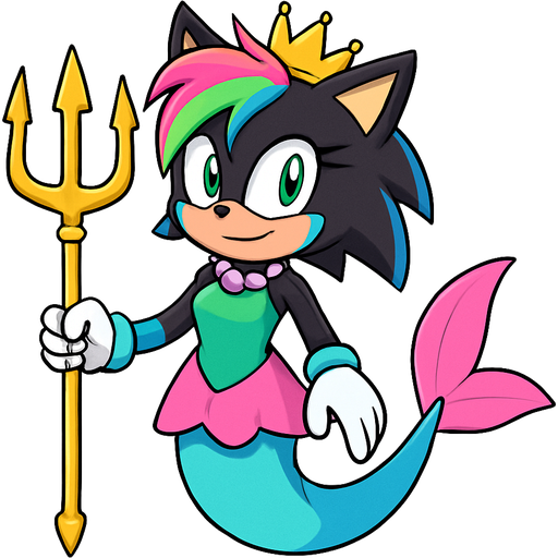sonic x style version black with blue markings anthro cat with pink and green and yellow hair blue green eyes golden crown with light purple necklace light cyan braclets cyan and green dress with pink skirt attached to cyan and light blue mermaid tail with pink tail fins pink and cyan gloves holding a golden trident sonic x style version