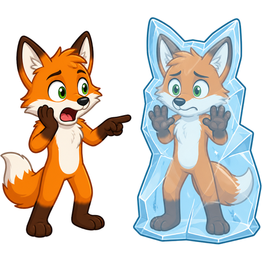 orange anthro fox with green eyes next to orange anthro fox with green eyes frozen in ice shaped like a anthro fox clipart cartoon style