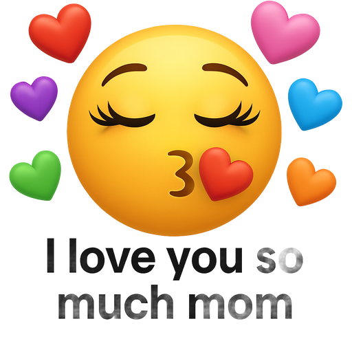 A smiley with long eyelashes, who make a kiss mouth, with hearts in all colors around, in all the hearts I need this text “I love you so much mom”