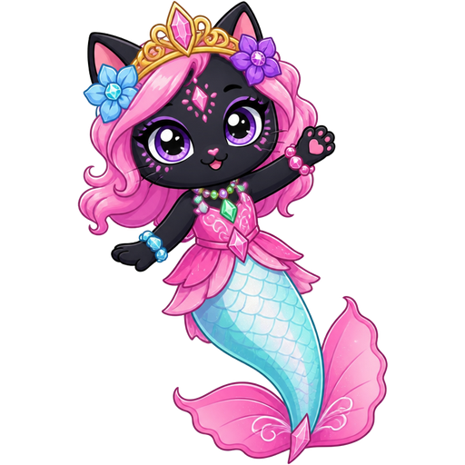 black cat with pink hair purple and blue flowers golden crown purple and green necklace pink and blue bracelets pink dress attached to long light cyan and white mermaid tail with pink fins based on parlo from magic mixies mixlings crystal woods cartoon