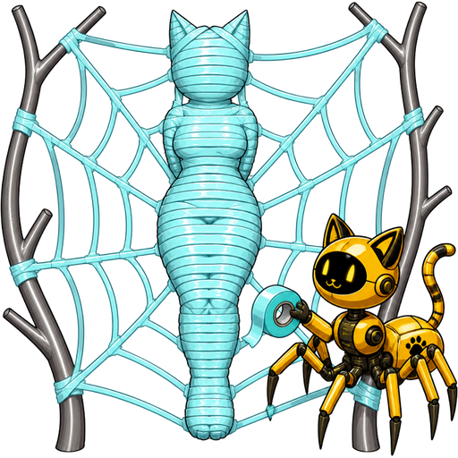 #B8FFFF duct tape mummy-like-cocoon furry female cat girl anthro entombed wrapped up and mummified fully covered in a #B8FFFF duct tape cocoon shaped like furry female cat girl anthro with arms behind back with #B8FFFF duct tape wrappings completely covered with thick layers non-transparent #B8FFFF duct tape wrappings #B8FFFF on a giant spider web made of #B8FFFF duct tape between two metal branches next to yellow robot spider cat hybrid holding #B8FFFF duct tape