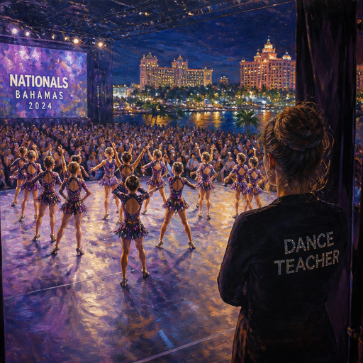 give me the 10 year-old daughter doing a group dance with her entire team and they are on stage and the dance teacher is not on stage but she’s watching from behind the scenes and they’re on nationals and it’s so so so so so big and very crowded what a Bahamas city night view
