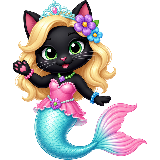 black cat with light yellow hair purple and blue flowers light cyan crown purple and green necklace pink and blue bracelets pink dress attached to long light cyan mermaid tail with pink fins based on felicity