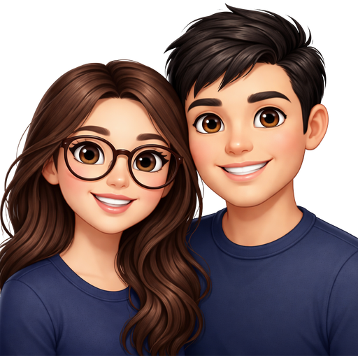 A couple, one brunette girl with big brown glasses and one guy with black hair, both have light skin and wearing navy