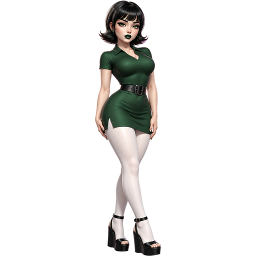 Buttercup With a Fair-Light Cool Vanilla Skin Tone and a Downward Lip Shape with a Extra-Voluminous Eyelash Style Set Up and a Dark Green Matte Lipstick with a Silvery-Purple Eyeshadow and a Short Eye Shape with an Almond Eye Shape and a Heptagon Face Shape with a Black Flip Bob Including Bangs and Green Eyes wearing an Emerald Green Short-Sleeved Dress and a Black Thick Belt Wearing White Long Legging Pants and Black Wedge Closed To Buckle Ankle-Strap Platform Sandals and a Luminous Glazed Complexion with a 3D Naturalistic Animation and a Mature Adult Curvy Toned Build with a Luxury Glossy and a Refined Pristine Set Up with a Theatrical Appearance