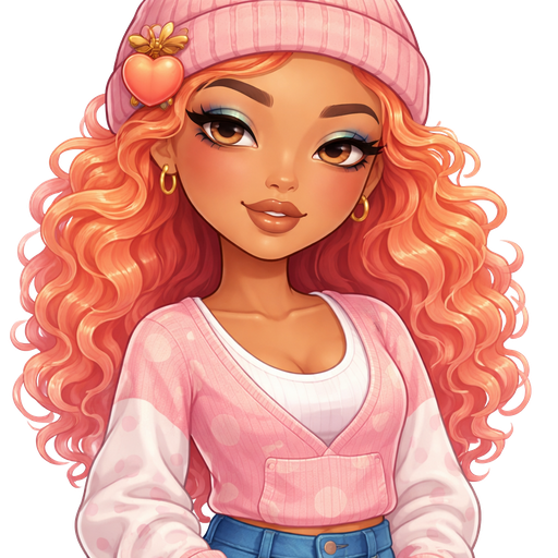 Apricot with a Warm Golden Skin Tone With Curly Apricot Orange Hair and Pink Highlights Wearing a Soft Pink Beanie and a Dark Pink Stitch Going Across it with a Apricot Clip on the Left side of it with Heavy Lower Lips, a Prominent Eyelash Style and a Matte Brown Lipstick Finish, With a Soft Pastel Blue Makeup Style Look and a Thin Eyebrow shape and a Protruding Eye Shape with a Triangle Shaped Face Shape and a Detached Earlobe with a Pink Shirt with a Wide V-Neck with White Long Sleeves with Pink Polka Dots and a White T-shirt where the V-Neck is located and a Big Pocket in the Middle With Blue Denim Pants and a Black Stitch Pattern at the Bottom Wearing Pink Flats with a Mature Adult Toned Build and Luxury Glossy