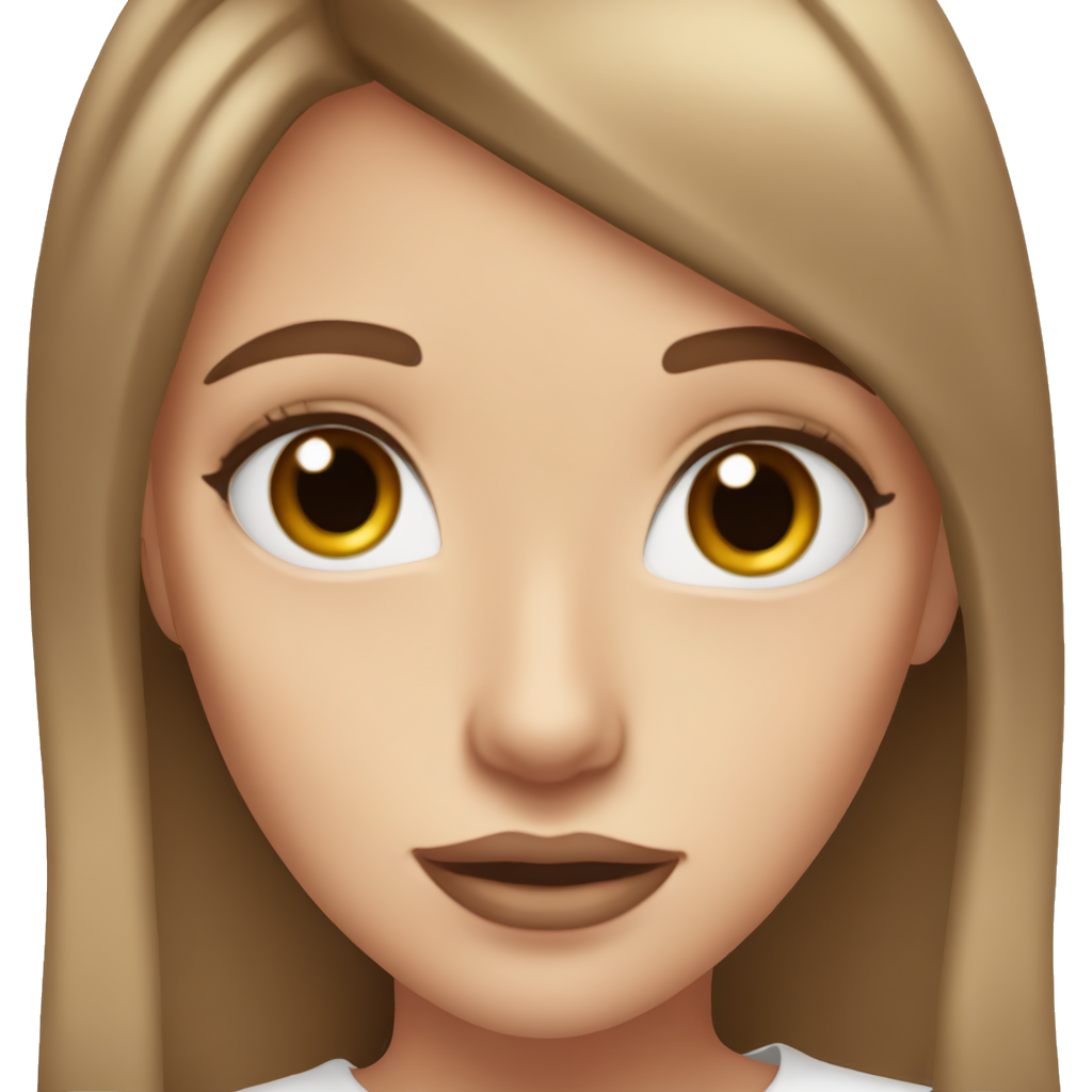 Create a girl with brown middle straight hair and makeup and a white tshirt and white skin and hazel eyes and very much lipliner and blush