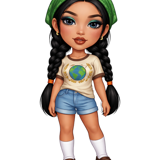 Granola Crunch With a Medium-Tan Cool Medium Beige Skin Tone and a Heart Shaped Lip Shape With a Cinnamon Brown Lipstick Set Up and a Midnight Blue Glow Eyeshadow with a Straight Eyebrow and a Downturned Eye Shape With a Long Face Shape and Black Hair in Two Braids with Orange Rubber Bands Wearing a Green Bandana with Classic Natural Eyelashes Wearing a Beige Shirt With Lining on the Neck-Line and the Sleeves and a Printed Picture of a Blue Globe Made out of Squares With Two Gold Laurels on Each Side Wearing Light Blue Denim Shorts Wearing Long White Close Toed Socks and Brown Two Strap Sandals With a Mature Adult Curvy Toned Build and Luxury Glossy