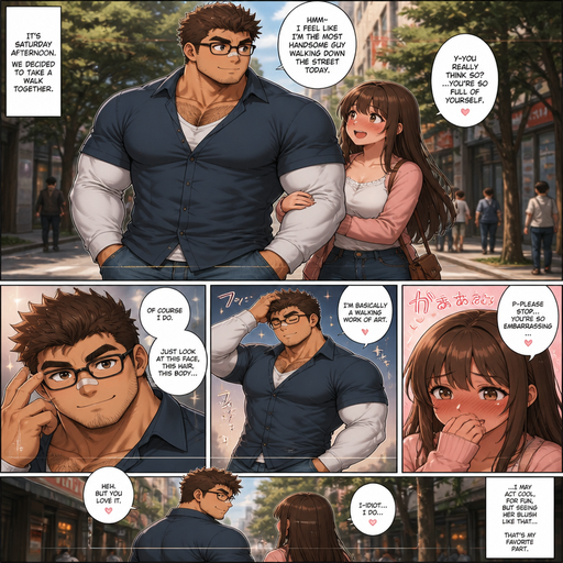 A REALISTIC AND LIFELIKE ANIME Comic Book story view of a Bulky but Muscular ANIME Cute Bara Man With Peach toned skin Who looks Normal and a huge and Masculine round facial Structure and Basic facial structure With Puffy and Big Pecs that are visible through the shirt and Biceps and Bandaid on his nose and Brown Spiky hair and It curves at the End of each strand. Wearing a long sleeved white shirt with a normal shirt on top of and jeans with glasses, and Looks Really cute in it and Likes his Hairy body. He Walks with His Girlfriend And he acts like the handsome Guy for fun. And She Blushes