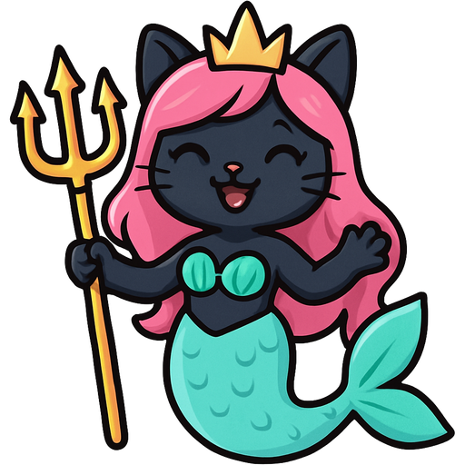 black anthro cat happy #B8FFFF mermaid tail and pink hair golden crown green swimsuit holding a golden trident artistic creation, beautiful art