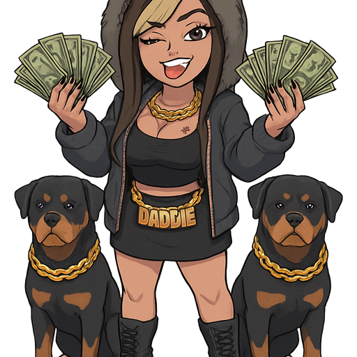Full body image head to toe, wearing heavy mid calf high combat boots. Super white teeth with one golden canine tooth. 30 year-old baddie was full but not too full lips, long eyelashes extra long pointy fingernails, holding multiple large bundles of CASH, super long, dark, brown hair, with blonde side swept bangs, wearing a hoodie with hood pulled up and fur around the edge of the hood, has a gold canine tooth, closing one eye and licking the gold tooth while scrunching up one side of her mouth to show her licking the gold tooth. Jacket is unzipped tank top with a tiny money sign tattoo on the upper left breast. Wearing short black skirt with combat boots and has two Rottweilers with huge gold chains around their neck on either side of her. She is wearing a gold and diamond chain that says DADDIE. She is kind of making a half smile