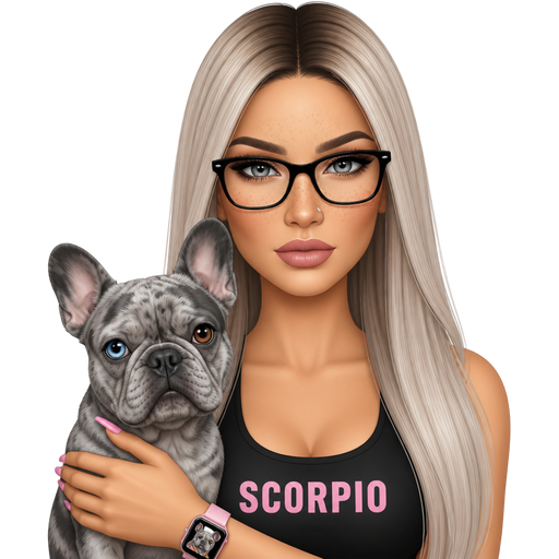 35 year old baddie with thin pink lips a slight bumpy nose slim face high cheek bones with alot of freckles across the nose almond shaped gray colored eyes lashes nose stud fair skin with freckles across nose with long straight icy ash blonde hair and dark roots parted in the middle serious and black glasses wearing a black tank top that says SCORPIO with pink color nails and pink Applewatch that has a picture of a gray merle french bulldog that has one blue eye and one brown eye