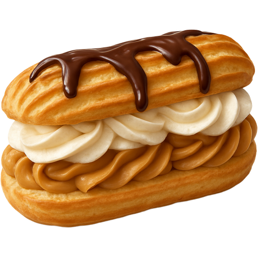 realistic bakery style long light golden choux pastry sandwich, both top and bottom piped with large ridges, filled with caramel whipped cream and whipped cream, topped with thick chocolate drizzle