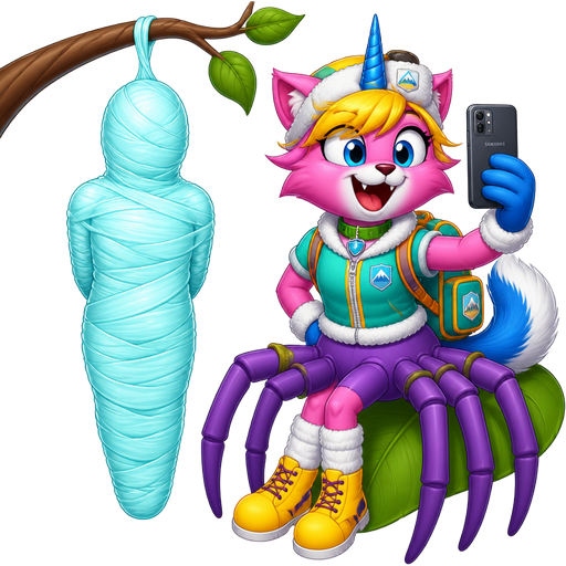 #B8FFFF sticky slik mummy-like-cocoon human entombed wrapped up and mummified fully covered in a #B8FFFF spider slik cocoon shaped like human with arms behind back with #B8FFFF spider slik wrappings completely covered with thick layers non-transparent #B8FFFF spider slik wrappings #B8FFFF hanging to branch next to happy pink cat anthro furry boy drider with yellow hair blue and white tail white wrists blue hands purple spider legs white socks yellow boots green collar blue unicorn horn based on unikitty wearing everest's hat and everest's clothing with everest's backpack on leaf holding Samsung phone